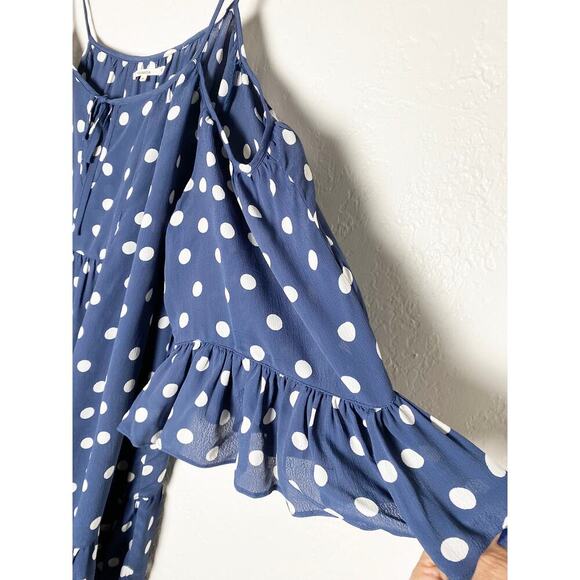 Tularosa Women's Hattie Dress Cold Shoulder Tier Ruffled Mini Blue White Ink Dot - Picture 7 of 10